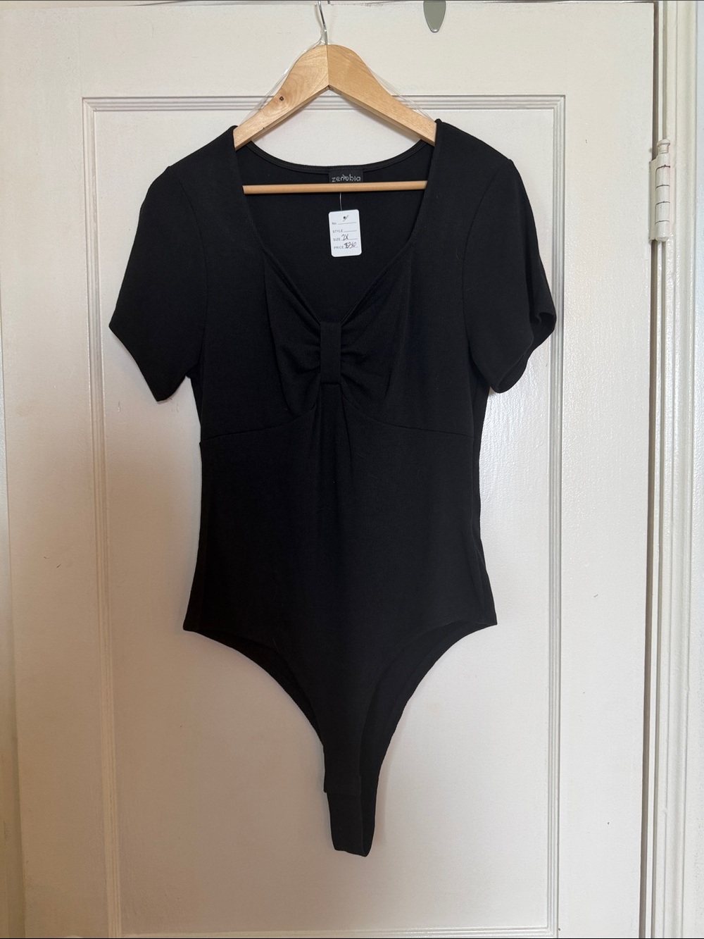 Zenobia Black Short Sleeve Twist-Front Bodysuit